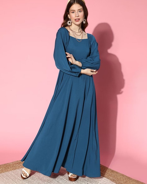 Elegant Cyan Pleated Gown & Trousers Set | Women's Fashion