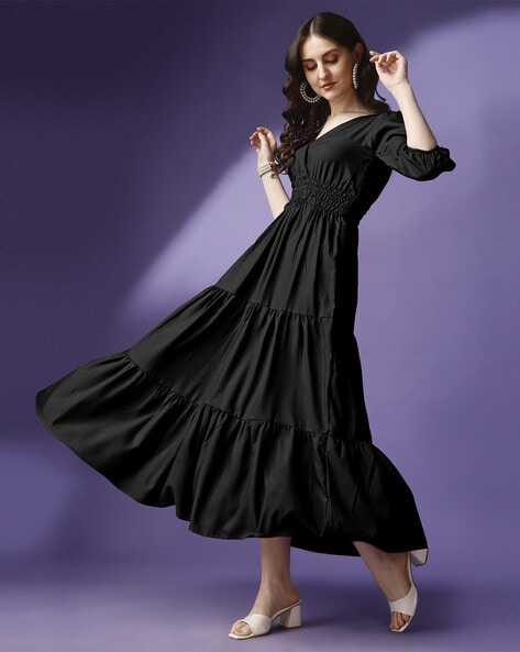 Buy Black Off Shoulder Maxi Dress Online - Label Ritu Kumar India Store View