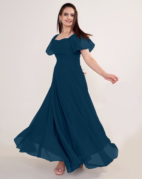 Navy Blue Illusion Long Sleeve High Slit Prom Dress - Promfy