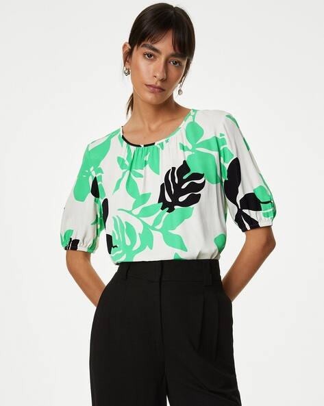 Marks & Spencer Women Printed Round-Neck Regular Fit Top