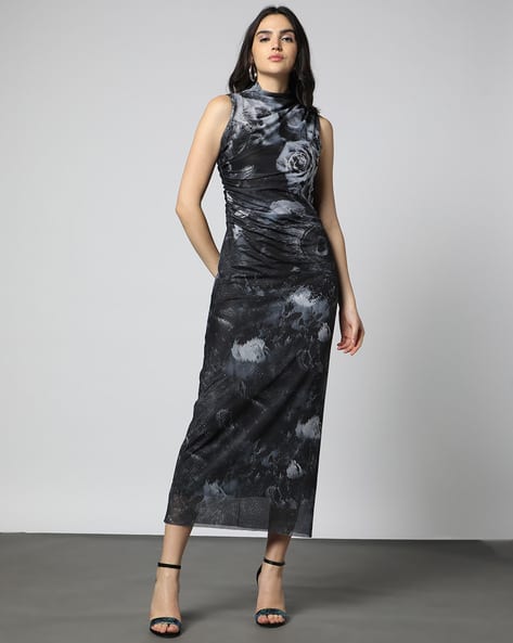 Floral Print Sleeveless Midi Mesh Dress