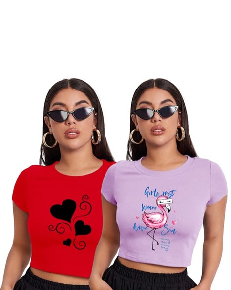 KUSHI FLYER Pack of 2 Women Regular Fit Graphic Print Tops