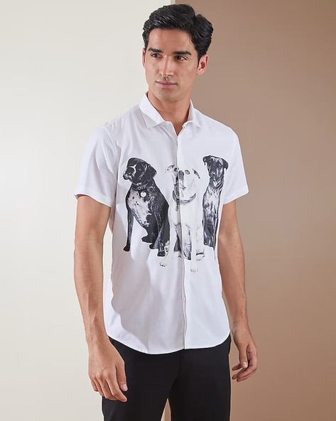 Men Dog Print Cotton Shirt with Spread Collar