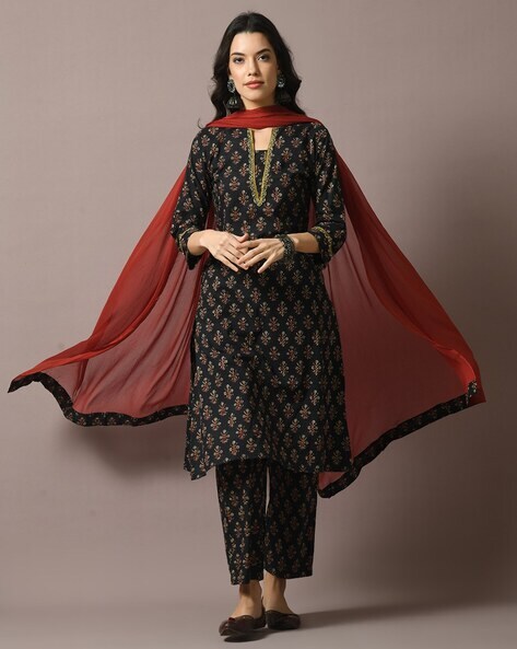 Floral Print Straight Kurta with Pants & Dupatta Price in India