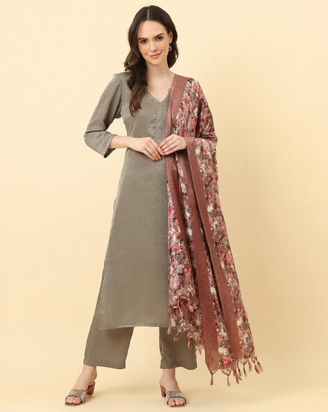 Women Floral Print Dupatta with Tassels Price in India
