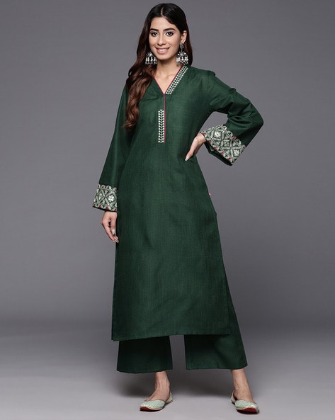 Women Embroidered Straight Kurta with Palazzos Price in India