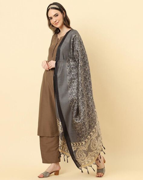 Women Paisley Woven Dupatta with Tassels Price in India