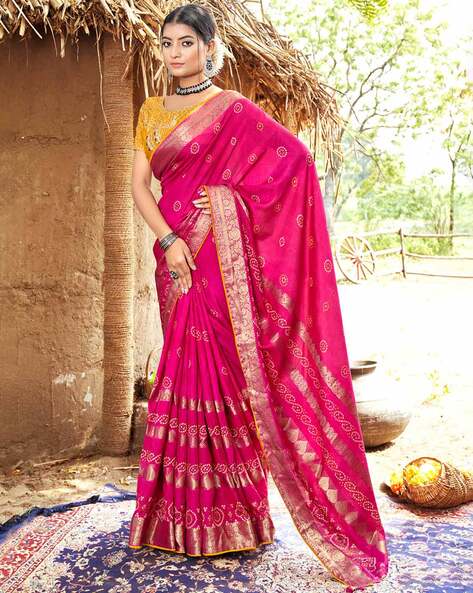 Women Bandhani Woven Saree with Tassels