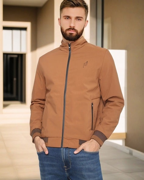 Men Zip-Front Bomber Jacket with Zipper Pockets