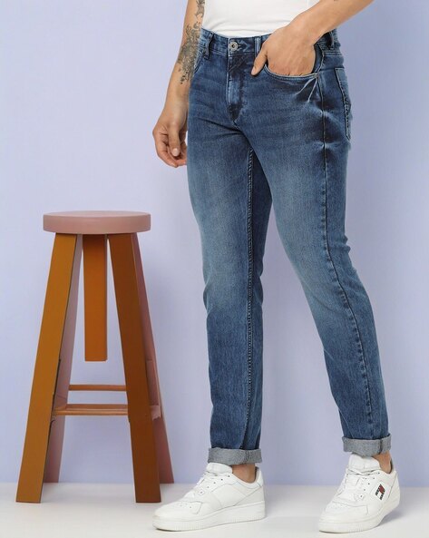 Heavy-Wash Mid-Rise Slim Fit Jeans