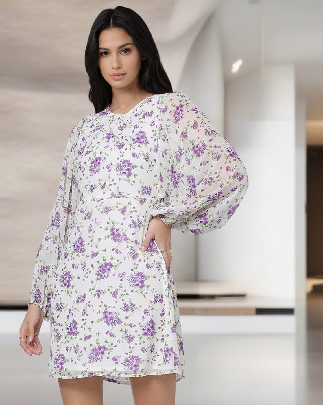 Fyre Rose Floral Print A-Line Dress For Women (White, M)