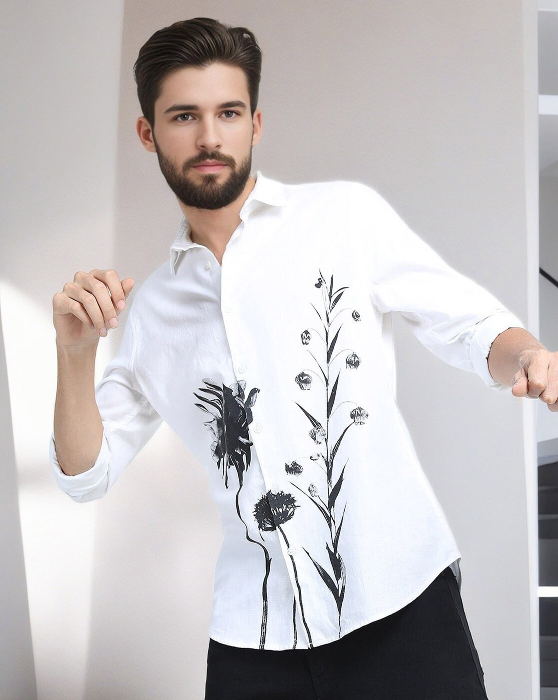 Mens white floral dress shirt on sale