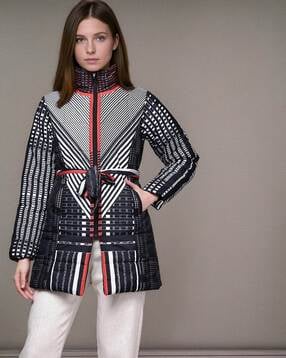 Striped Puffer Jacket with Belt