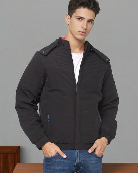 Men Zip-Front Hooded Bomber Jacket with Detachable Hood