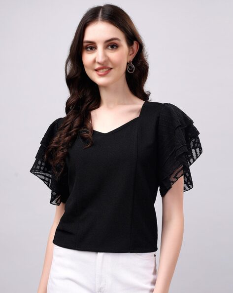 Women Regular Fit Top with Chevron Flutter Sleeves