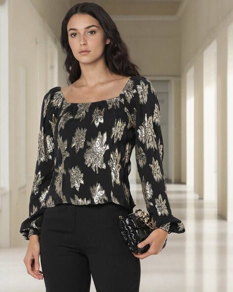 Fyre Rose Women Floral Woven Jacquard Square-Neck Top