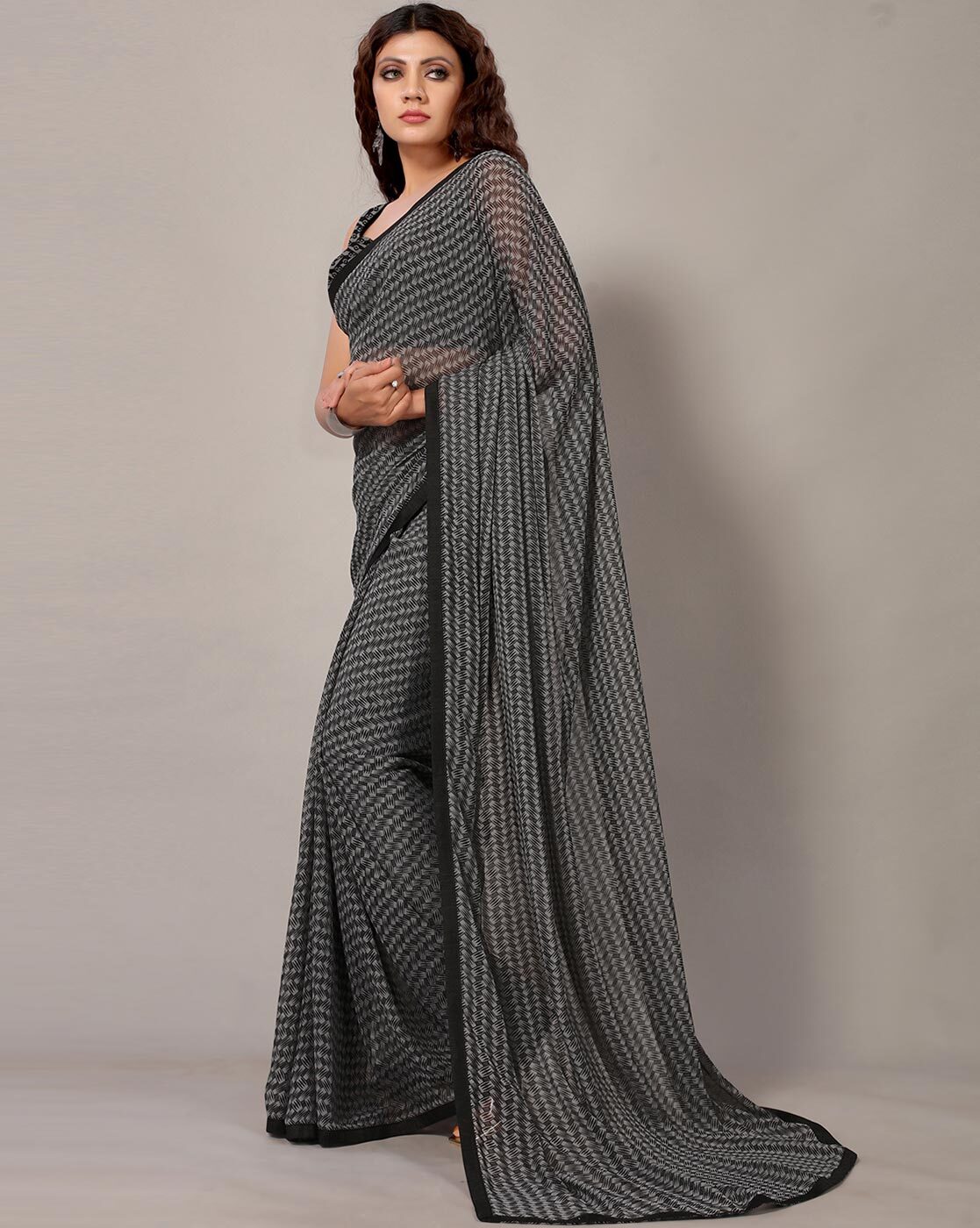 Grey and black printed saree - G3-WSA55096 