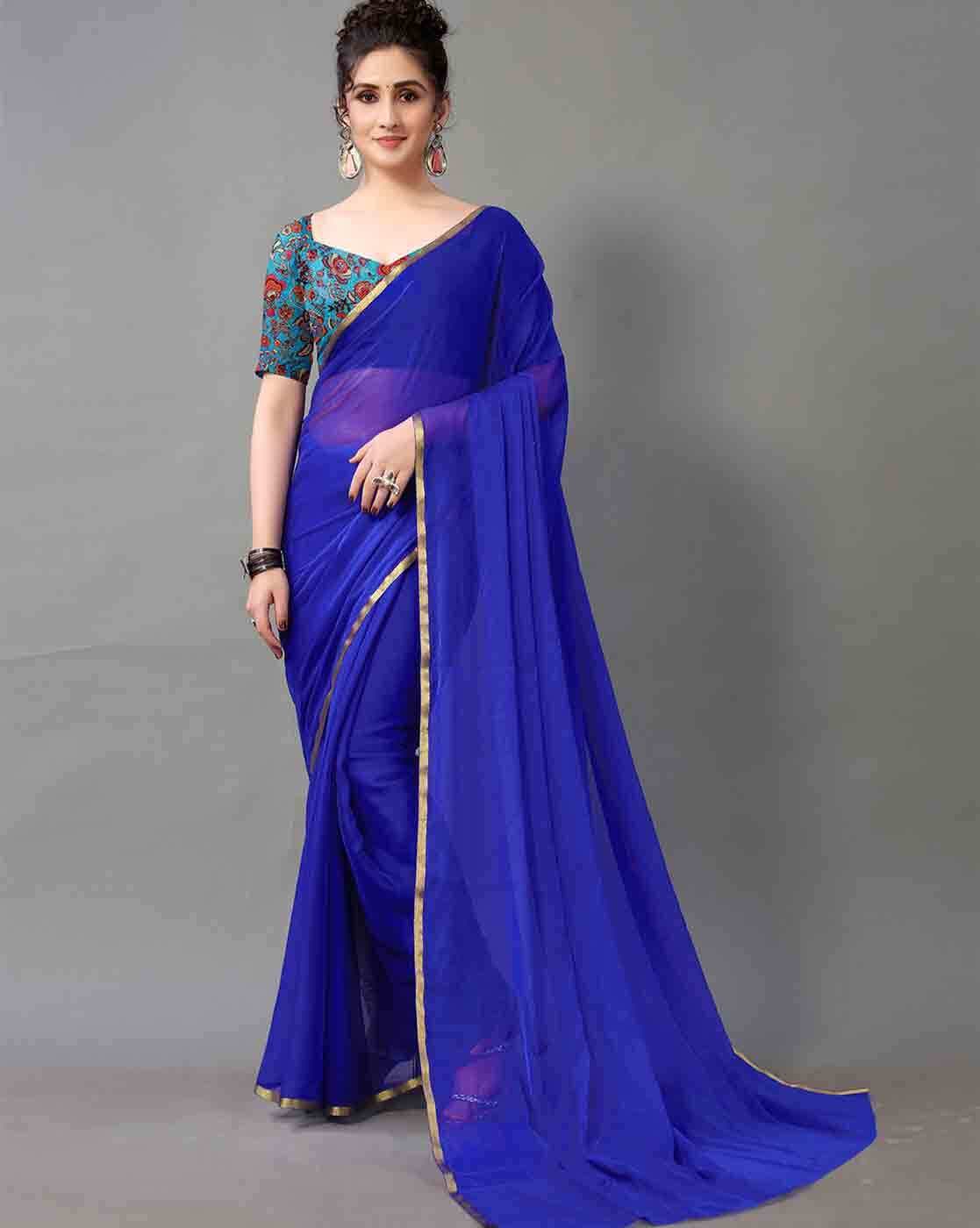 Royal Blue Plain Georgette Saree Full Sleeves Blouse Women Bridesmaid Sari  Sarees - Etsy | Saree look, Designer saree blouse patterns, Indian saree  blouses designs