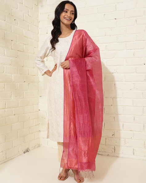 Women Woven Silk Dupatta with Tassels Price in India