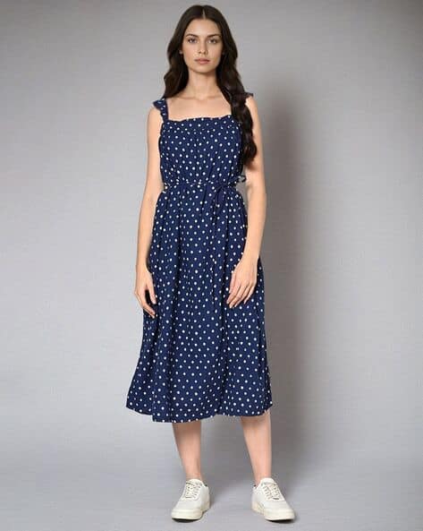 Linen Rich Polka-Dot Square-Neck A-Line Midi Dress
