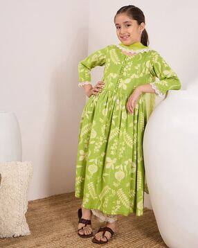 Girls Floral Print 3-Piece Kurta Set with Dupatta
