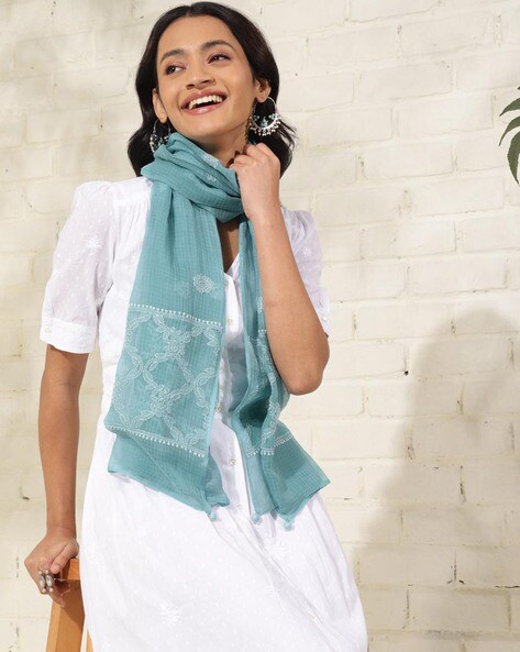 Women Embroidered Stole with Pom-Pom Price in India