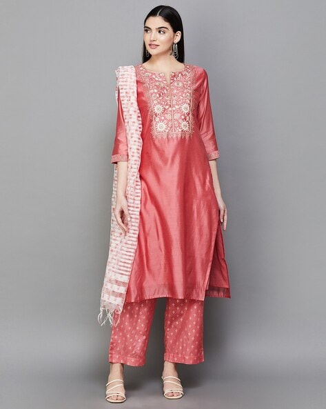 Women Embroidered Straight Kurta Suit Set Price in India