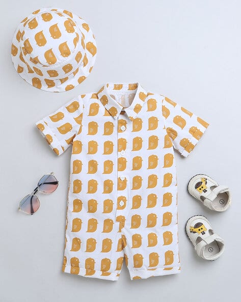 NINO BAMBINO Printed Short-Sleeves Romper with Hat