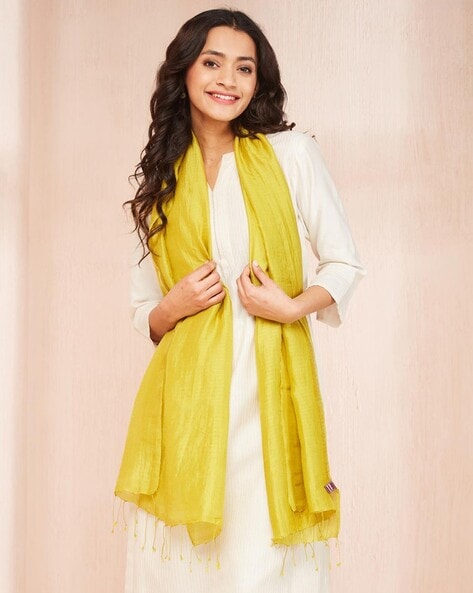 Women Woven Silk Stole with Tassels Price in India