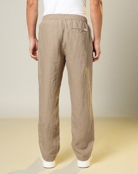 White Relaxed Fit Pure Linen Trousers with Back Elastic by Linen Trail