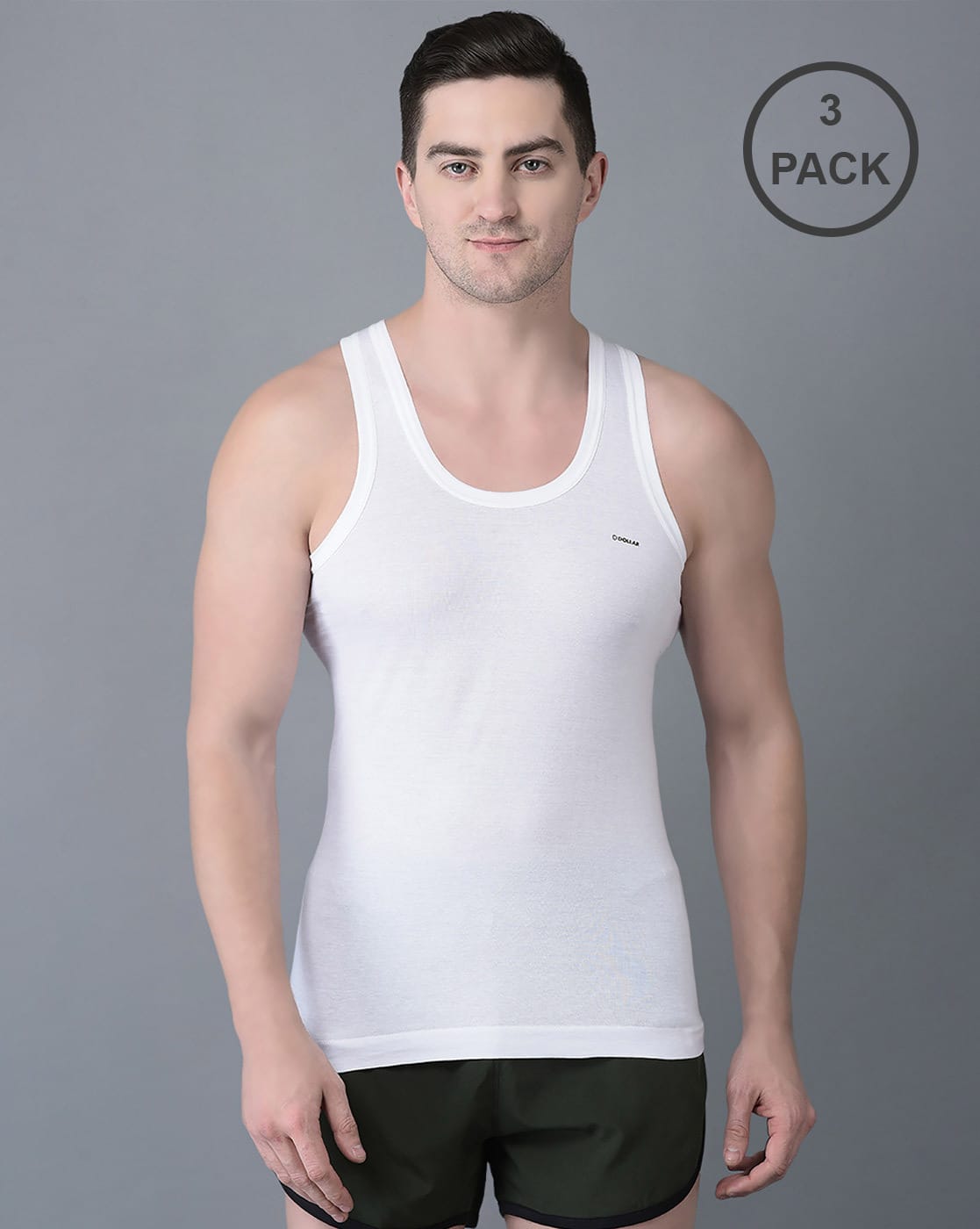 Dollar Pack of 3 Men Solid Combed Cotton Shrinkless Vest (White)