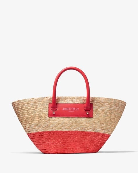 Color Red Straw Handbag Beach Basket Tote Bag
