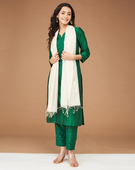 Women Woven Zari Stole with Tassels Price in India
