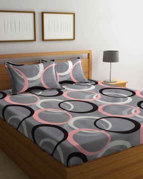 arrabi Geometric Print Fitted King-Size Bedsheet with Pillow Covers-picture-49