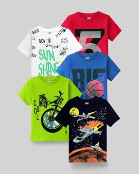 Boys Pack of 5 Printed Relaxed Fit Round-Neck T-Shirts