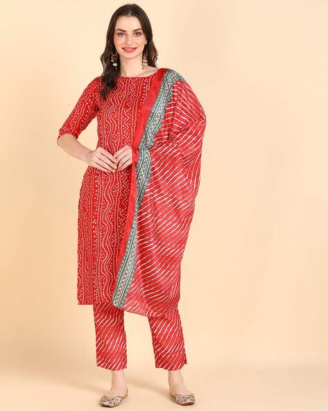 Women Bandhani Print Straight Kurta with Pants & Dupatta Price in India