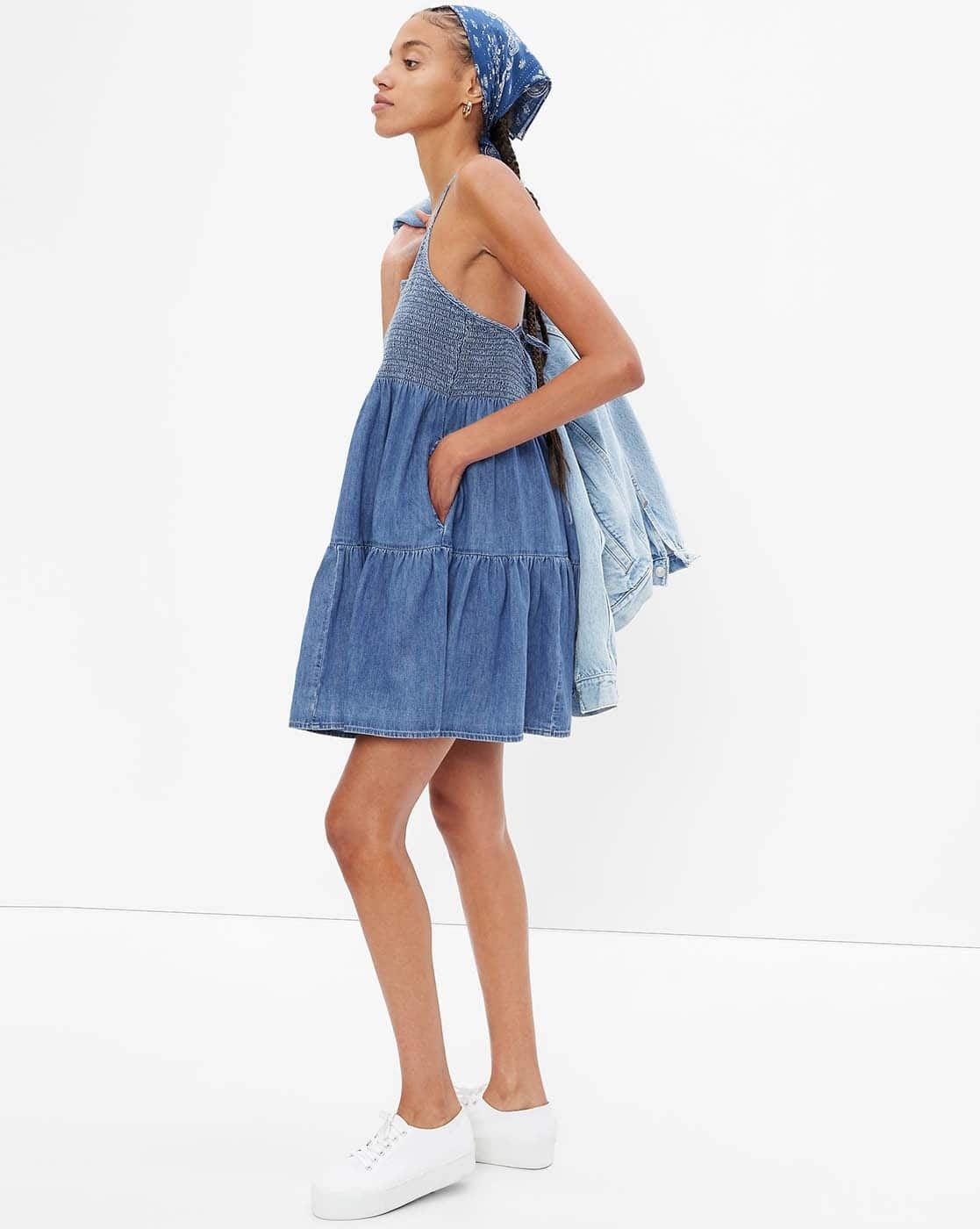 Cross Back Denim Mini Dress with Smocked Bodice