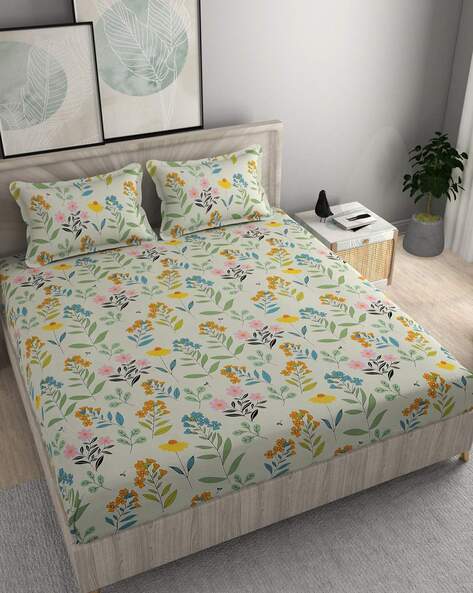 alpha home 180 GSM Floral Print King-Size Fitted Bedsheet with Pillow Covers