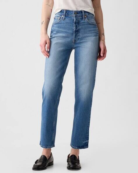 High Rise Mid Wash Straight Fit Jeans with Stretch