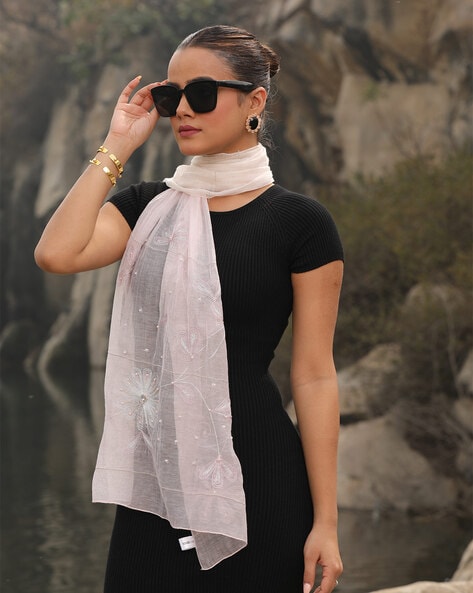 Women Embroidered Scarf with Folded Hem Price in India