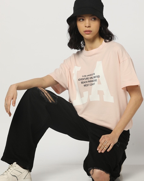 Women Typographic Print Oversized Fit Crew-Neck T-Shirt