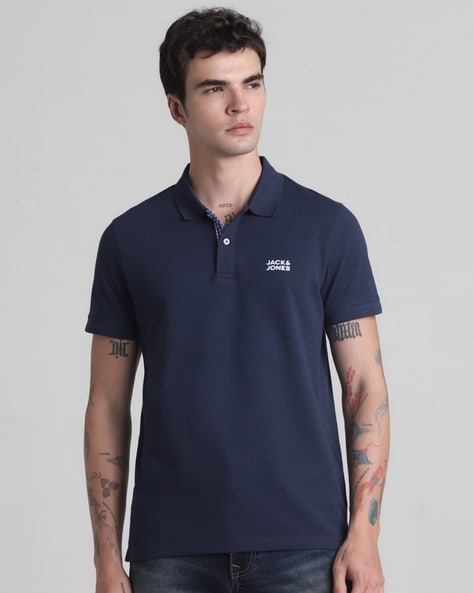 Men Slim Fit Polo T Shirt with Brand Applique