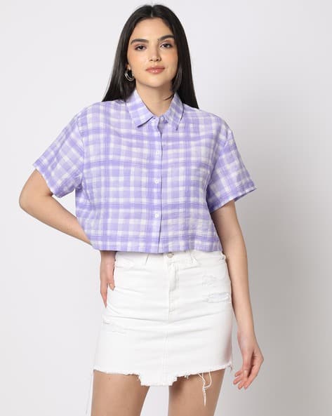 Women Gingham Checked Boxy Fit Crop Shirt