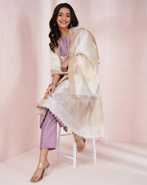 Women Cotton Silk Dupatta with Tassels Price in India