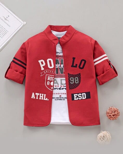 Boys Typographic Print T-Shirt with Jacket - Main Image