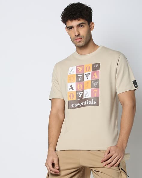 Men Square Box Print Boxy Fit Crew-Neck T-Shirt