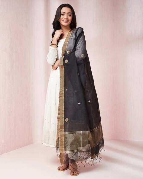 Women Floral Woven Cotton Silk Dupatta Price in India