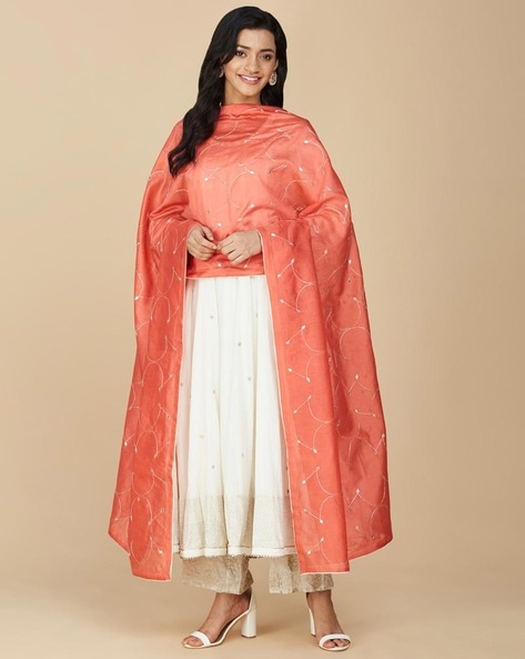 Women Embroidered Dupatta with Contrast Piping Price in India
