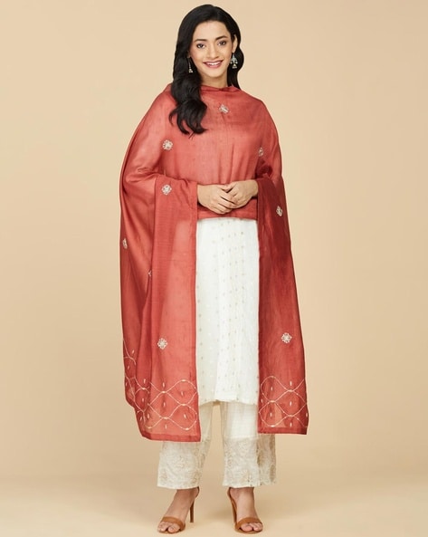 Women Embroidered Dupatta with Stitched Hem Price in India