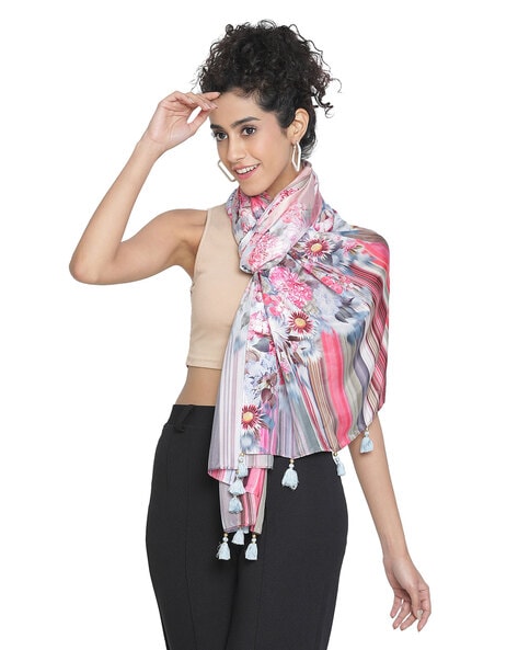 Women Floral Printed Stole with Tasselled Border Price in India